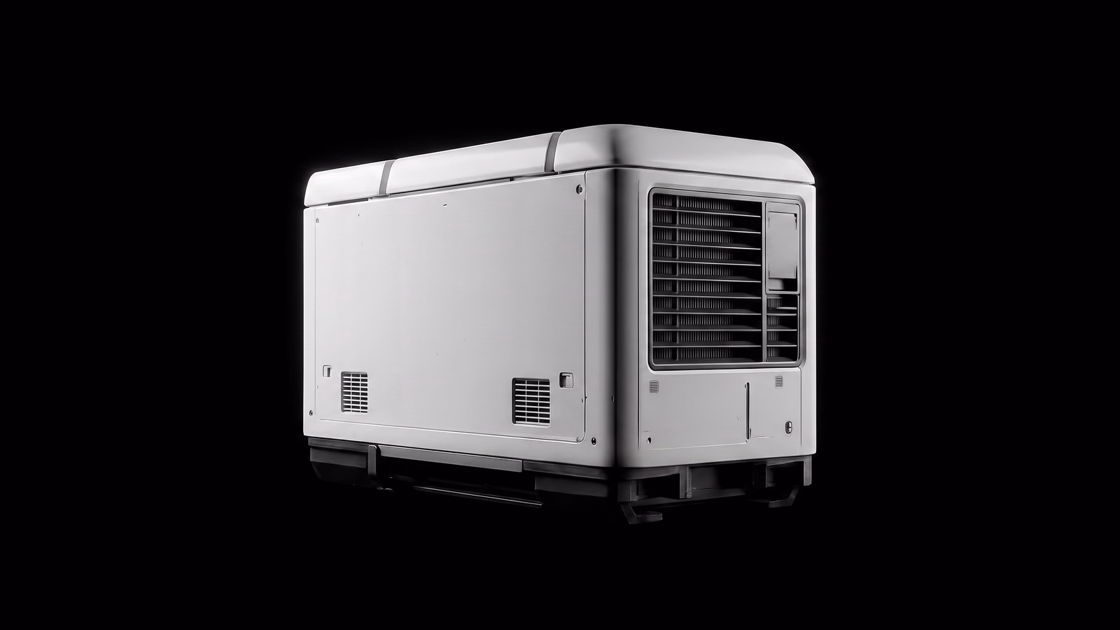 Cold-chain mission module shown alone against black: a white insulated cabinet with a louvred condenser grille on its end face, vent slots along the side and docking feet underneath.